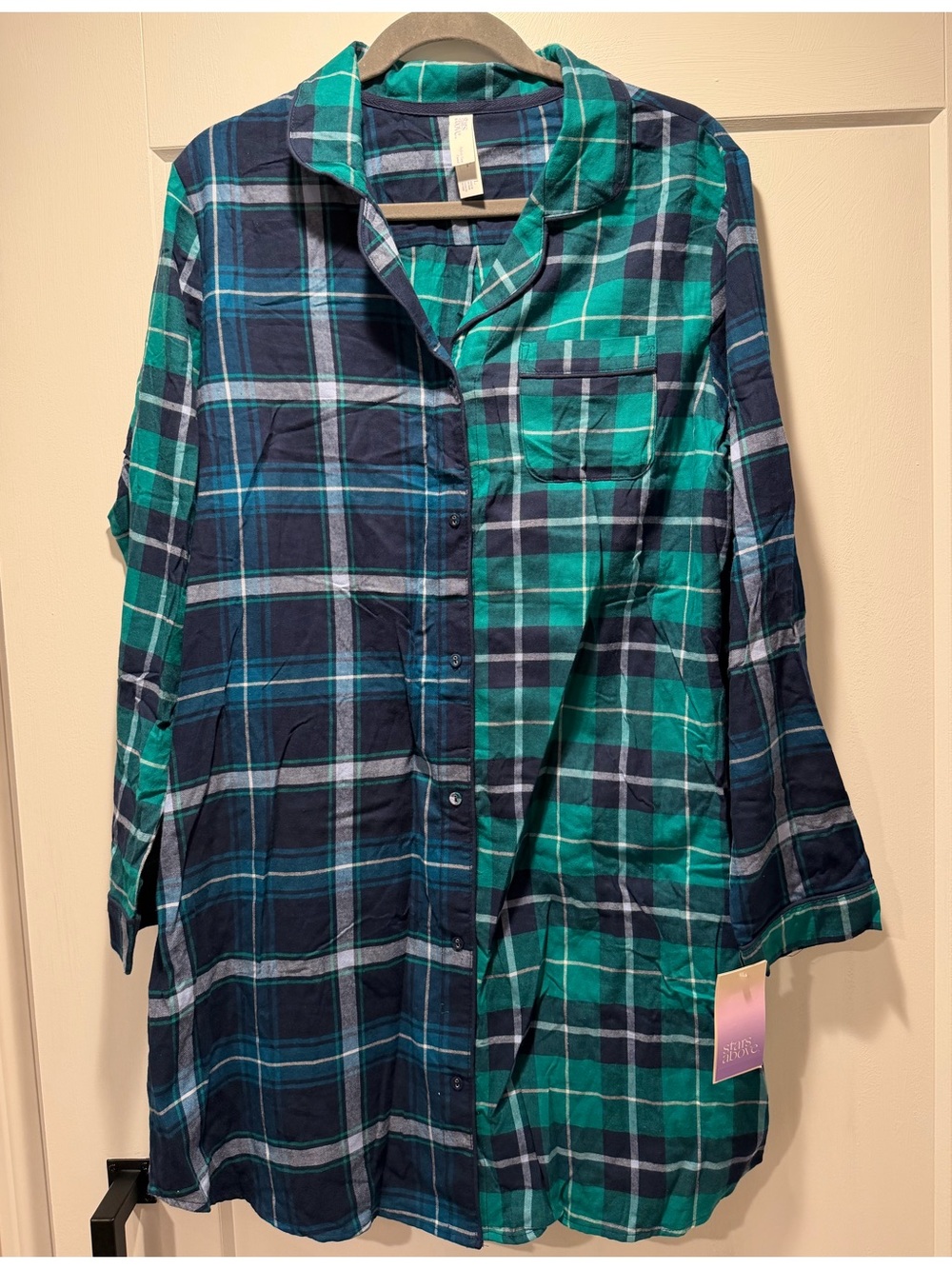 stars above Teal and Navy Plaid Long-Sleeve Button Front Sleep Shirt